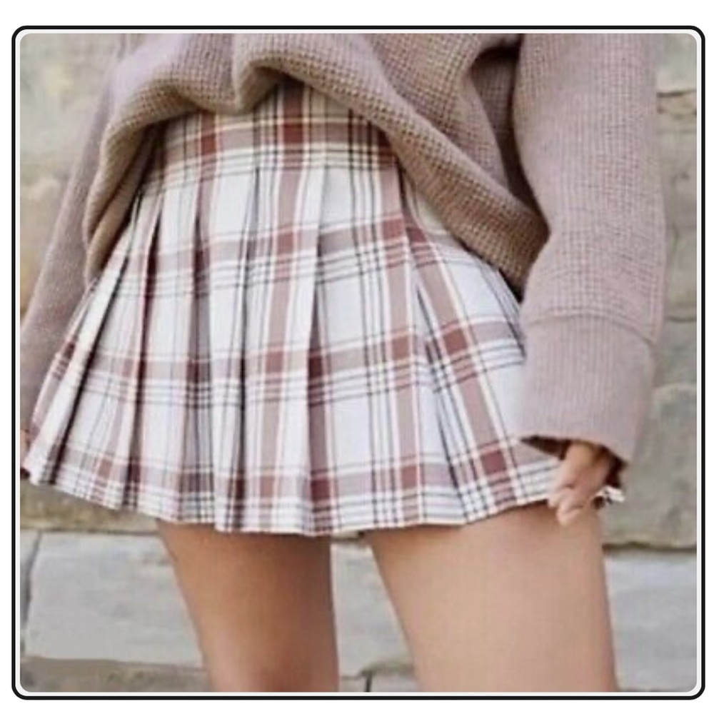 NWT Aerie plaid pleated mini skirt in white and brown size small